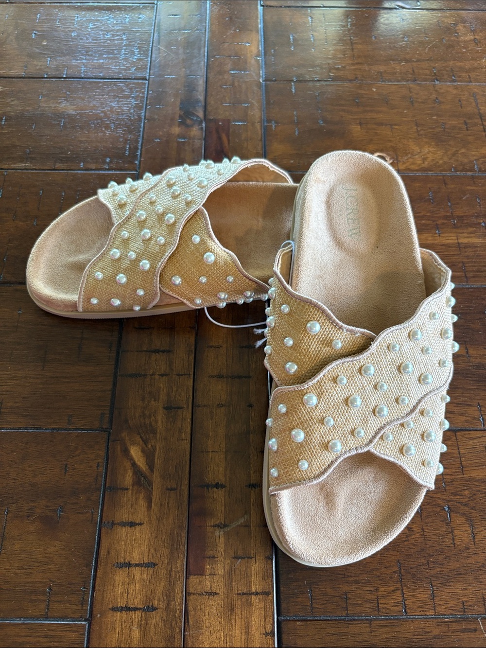 J. Crew Pearl-Embellished Tan Slide Sandals - NWT - Size 6.5